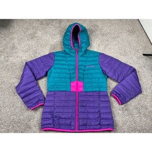Columbia Coat Womens Medium 650 Down Fill Quilted Puffer Color Block Bright Hood